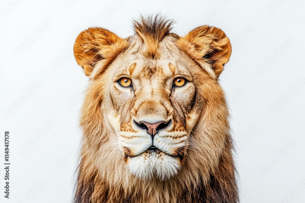 Poster lion portrait facing forward with a light background.