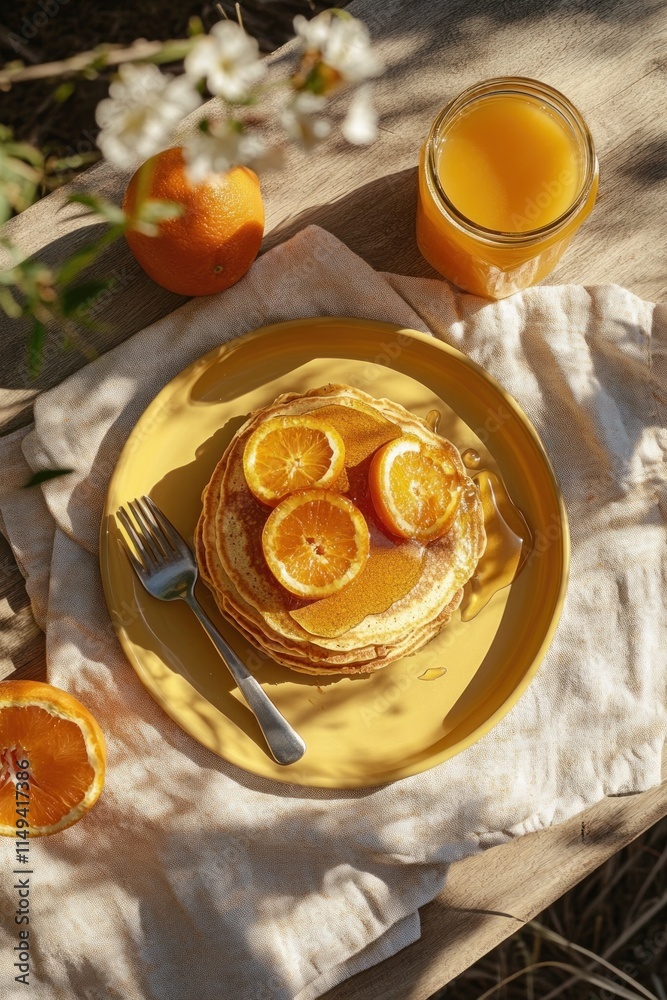 Poster pancakes with orange slices and syrup on a yellow plate with juice.