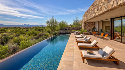 Fototapeta premium Modern desert house with infinity pool overlooking scenic landscape