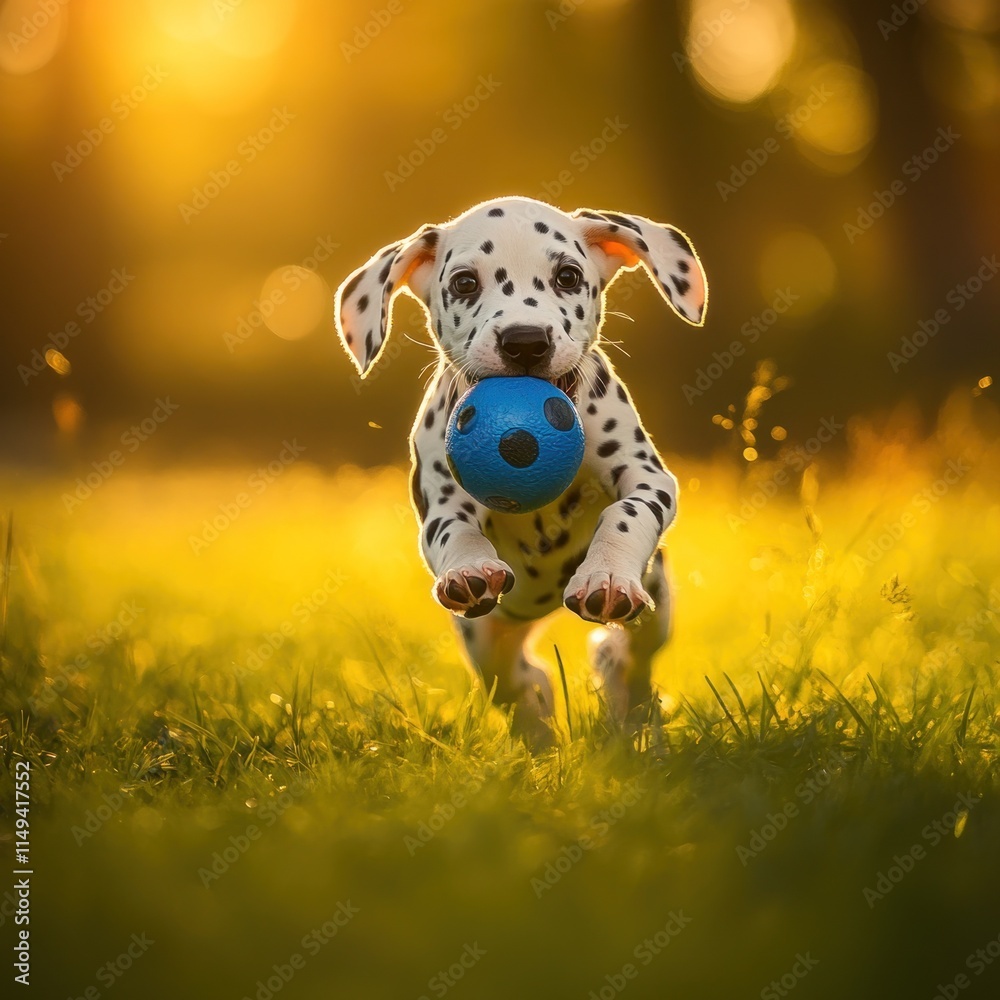 Poster dalmatian puppy runs with toy in glowing light.