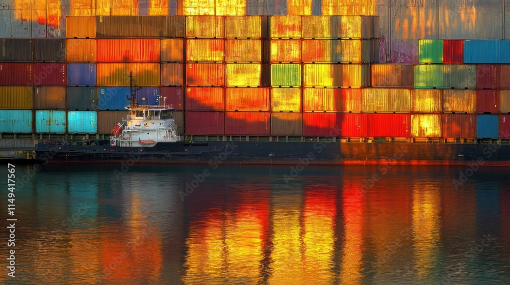 Poster Tugboat by stack of colorful shipping containers reflecting in water.