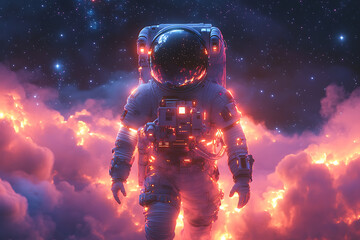 Astronaut walking through a vibrant cosmic landscape filled with clouds and stars.