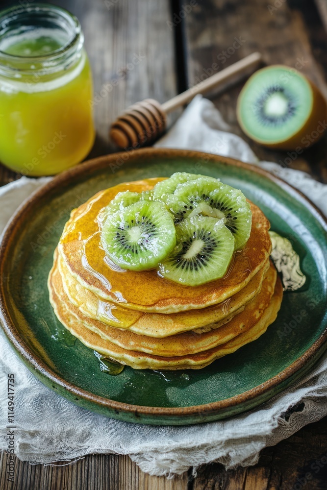 Poster Stack of pancakes topped with kiwi and honey.