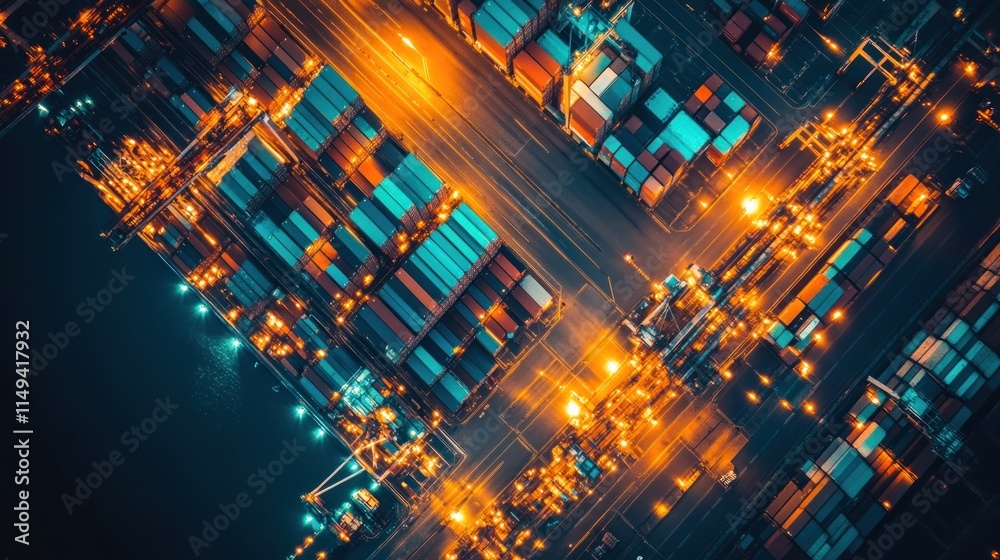 Poster night aerial view of illuminated cargo port with shipping containers.