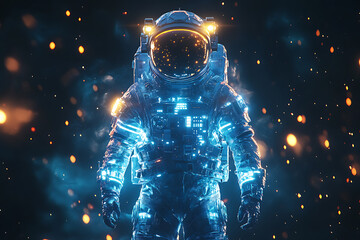 A futuristic astronaut in a glowing suit against a cosmic backdrop.