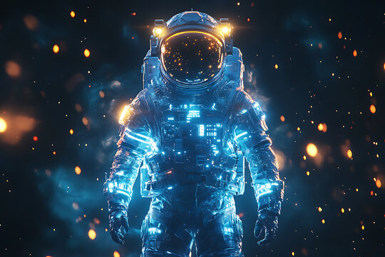 A futuristic astronaut in a glowing suit against a cosmic backdrop.