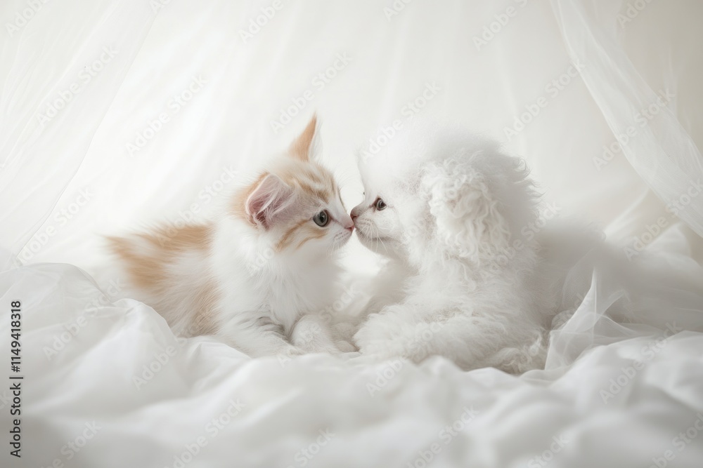 Poster kitten and poodle puppy nose-to-nose.