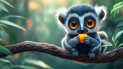 Obraz premium Wide-eyed lemur eating a fruit while perched on a branch in a jungle