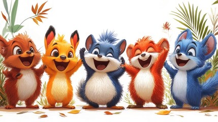 Obraz premium Five happy, colorful furry creatures.