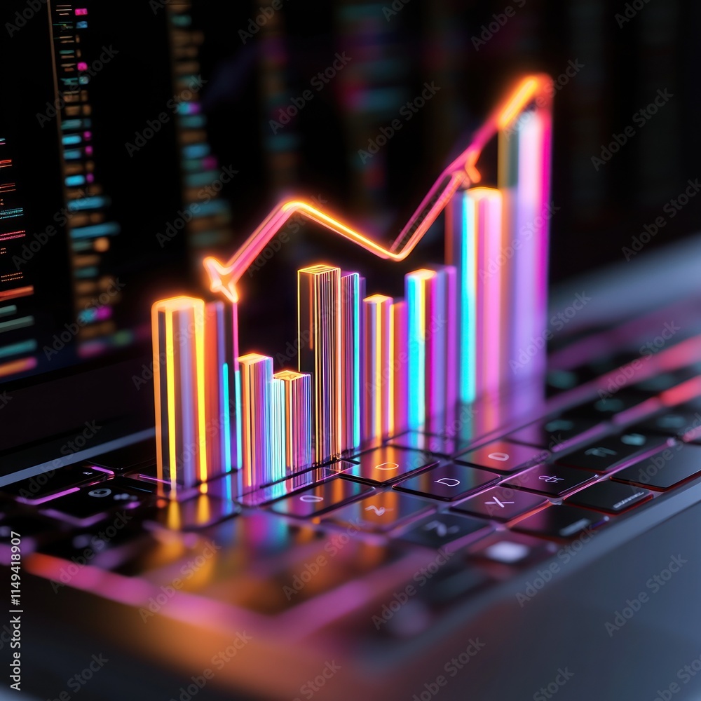 Poster Glowing bar graph on laptop with screen displaying data.