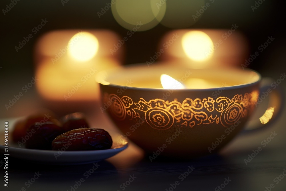 Aufkleber lit candle inside a patterned teacup and dates on plate against blurred candle background.