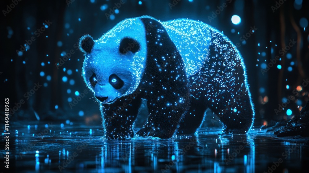 Poster luminescent panda walks in forest.