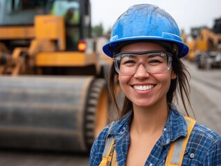 Smiling female construction worker with heavy machinery.