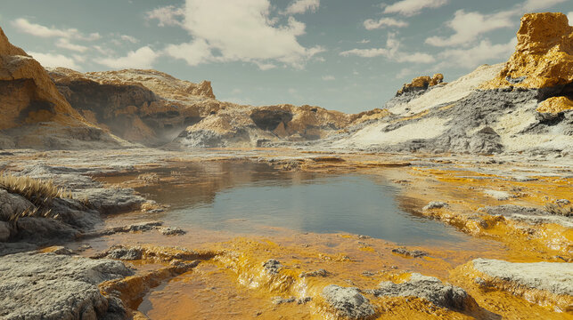 Dallol Hot Spring: Thermophile Adaptation, 3D Render, Yellow, Orange, Landscape
