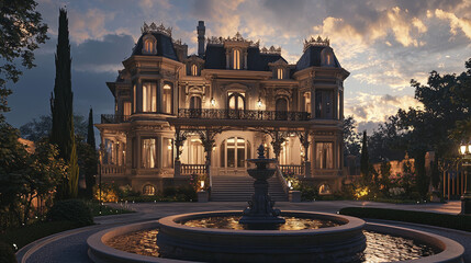 Naklejka premium Grand Victorian Mansion Exterior at Dusk: Ornate Fountain and Text Space