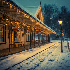 Christmas Lights Adorn Snowy Train Station