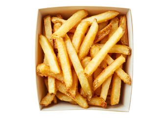 Crispy fresh fries in cardboard box. Transparent background .Isolated PNG