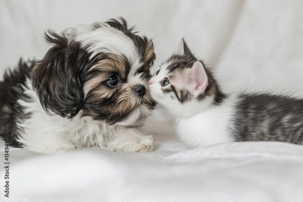 Poster puppy and kitten nose to nose on white background.