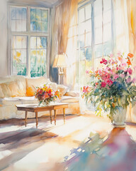 Sunlit Living Room Watercolor Painting: Flowers, Soft Light, Dreamy Atmosphere