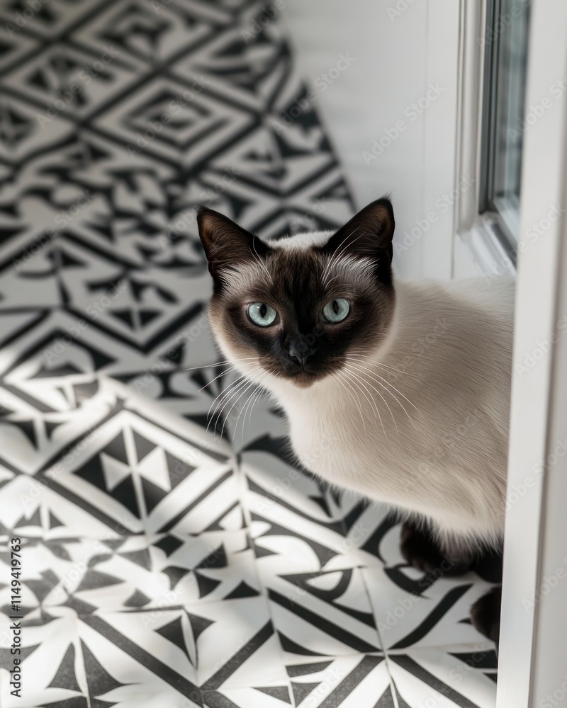 Poster siamese cat peeks around corner, pattern floor.