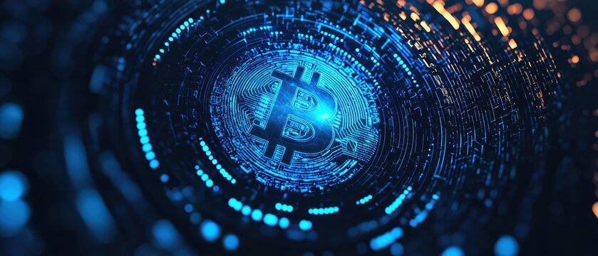Blue Digital Bitcoin Symbol Representing Cryptocurrency Technology