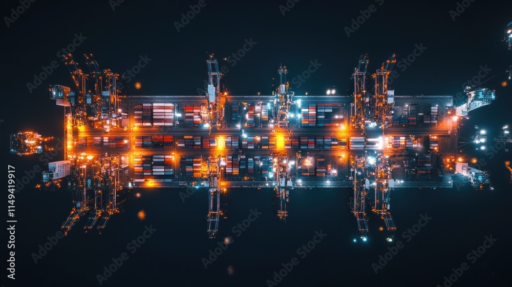 Poster aerial view of illuminated cargo containers at a busy port at night.
