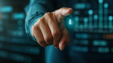 A close-up view of a male hand gesturing towards an interactive digital interface, showcasing data analytics symbols and futuristic technology elements.