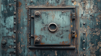 Rusty metal door with a circular handle and bolts on an aged, weathered surface