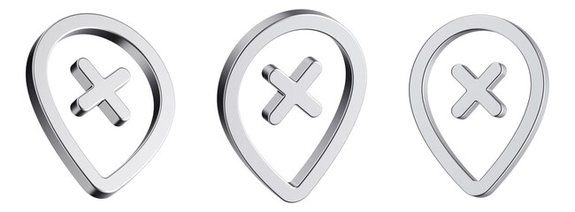 Stylish 3D Metallic Location Pin Icons with Cross – Error and Deletion Symbols