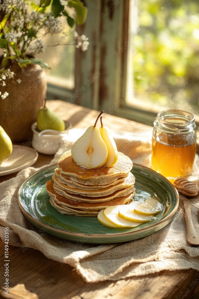 Poster stacked pancakes topped with pears and honey near a window.