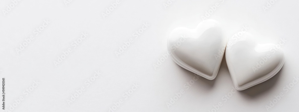 Poster Two white heart shaped objects on a white surface.