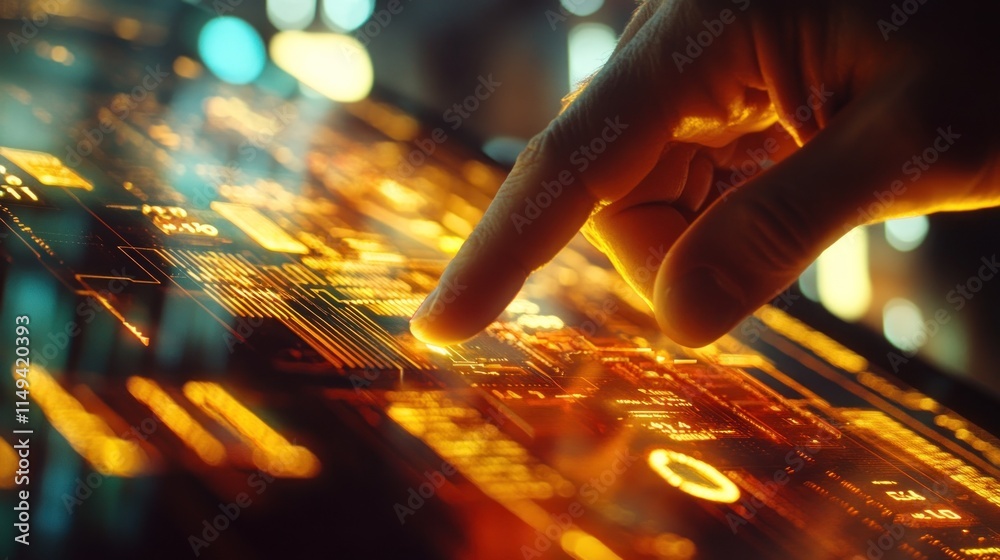 Poster hand touches glowing tech interface.
