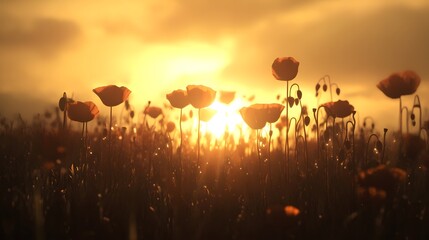 Poppies Silhouetted Against a Golden Sunset Sky