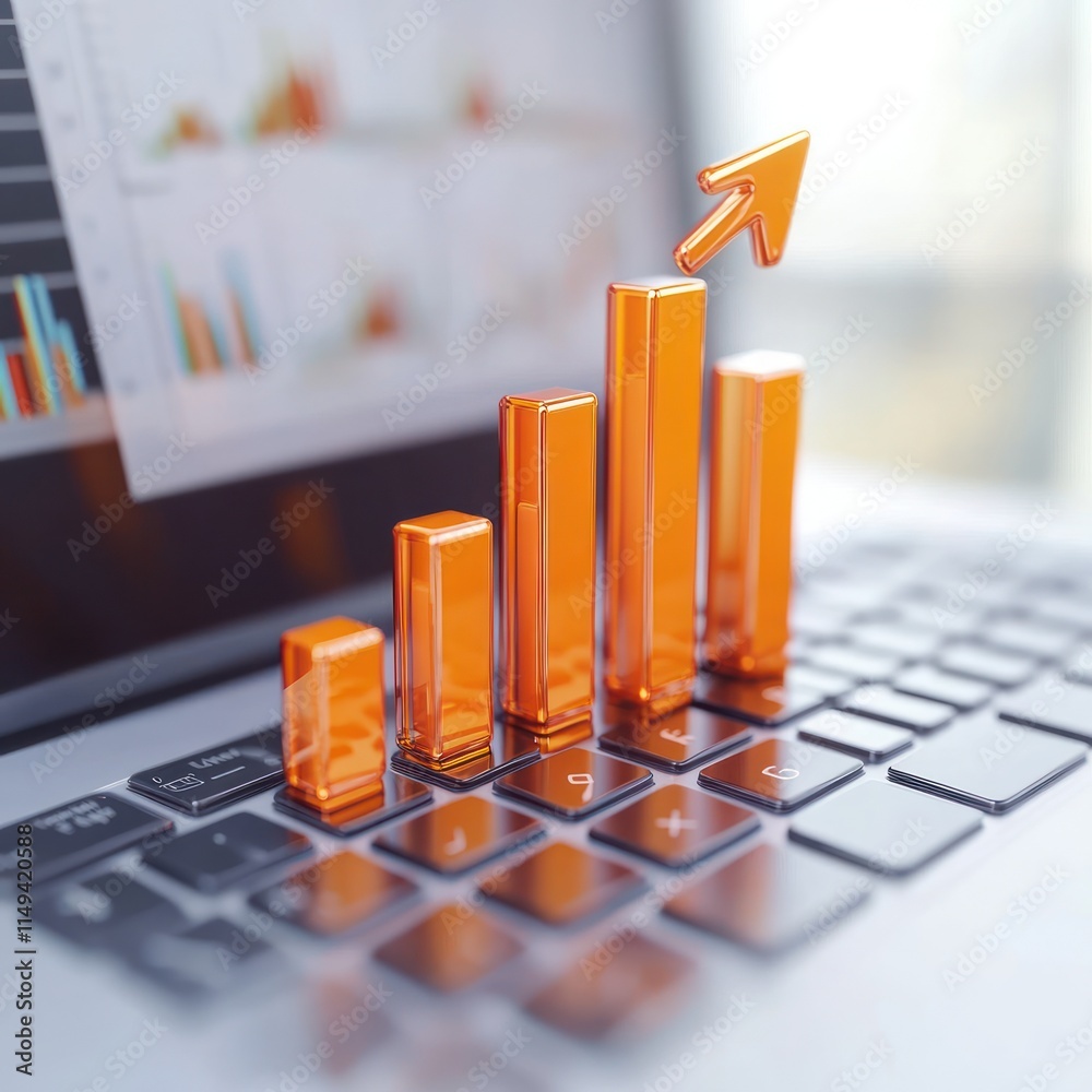 Poster Orange bar graph arrow points up on laptop keyboard.