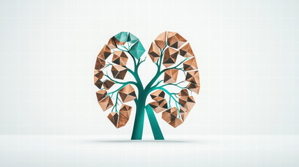 Fototapeta premium creative representation of tree resembling human lungs, showcasing geometric shapes in bronze and teal colors. This artwork symbolizes health and nature connection