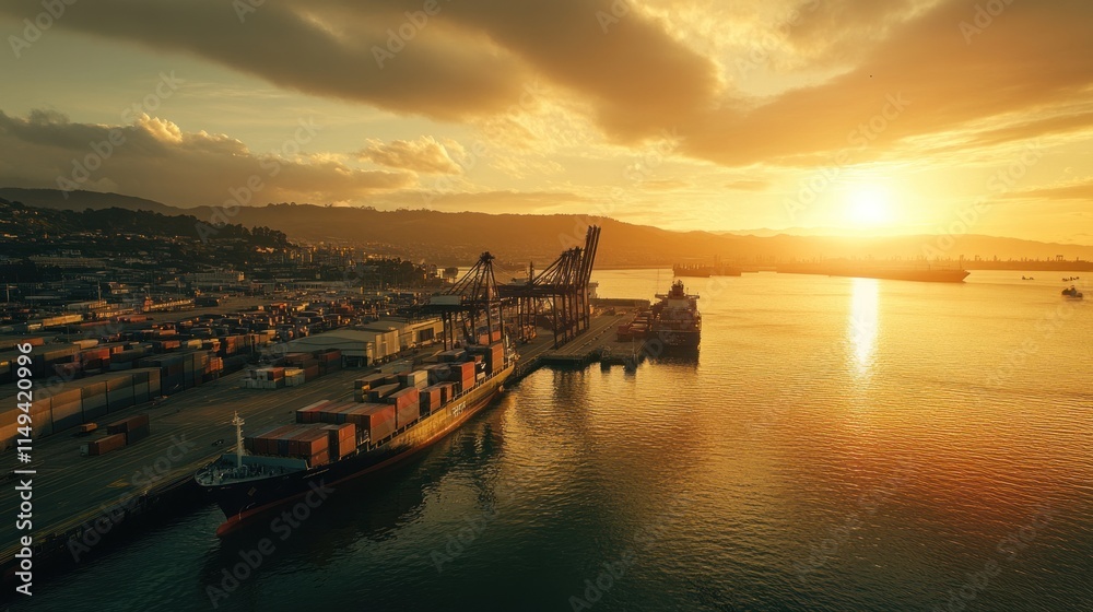 Poster sunset over a port with ships and cargo.