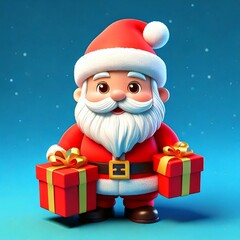 Merry Christmas and Happy New Year. Realistic 3d cartoon Santa Claus with giftbox