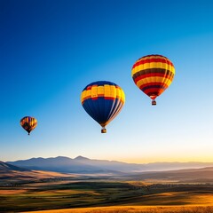 Naklejka premium Colorful hot air balloons floating over a golden landscape, vibrant adventure