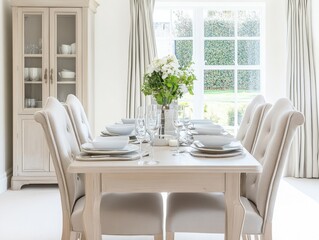 Obraz premium Bright dining table set in light, airy room with soft-toned furniture and bright walls, creating warm feel. 