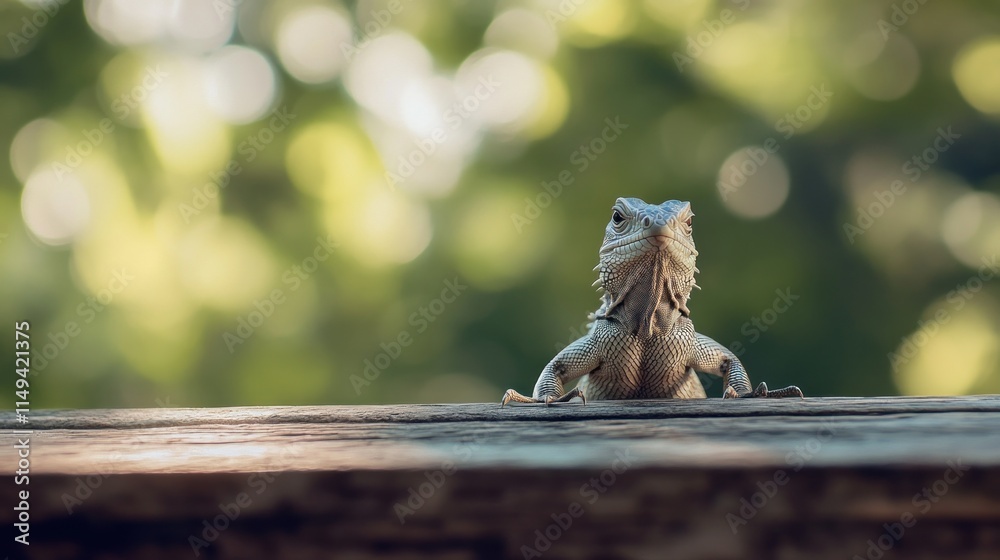 Poster lizard sits on ledge, looking up at camera.