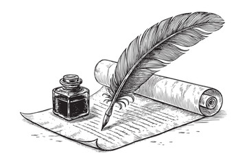 vintage quill and inkwell on parchment engraving vector illustration