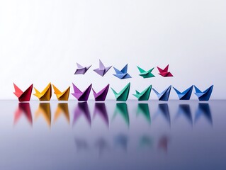 Obraz premium Group of colorful origami birds flying over a reflective surface, creativity, and freedom