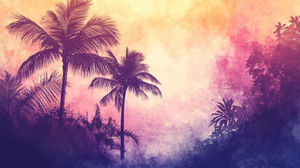 Obraz premium Colorful sunset sky over tropical palms and lush vegetation creating a serene atmosphere in a tranquil outdoor oasis