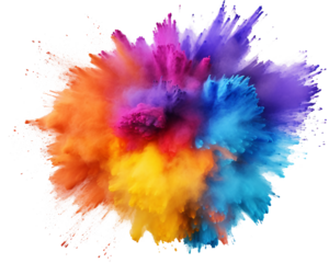 abstract explosion of  rainbow colored powder visuals on white and transparent background.