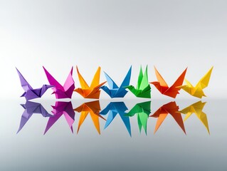Fototapeta premium Group of colorful origami birds flying over a reflective surface, creativity, and freedom