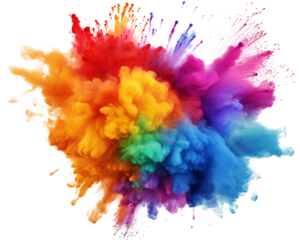 abstract explosion of  rainbow colored powder visuals on white and transparent background.