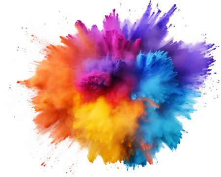 abstract explosion of  rainbow colored powder visuals on white and transparent background.