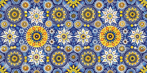 Vibrant blue and yellow floral pattern with intricate designs and motifs, embodying a cheerful and artistic feel.