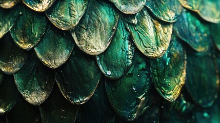 Obraz premium Texture of green forest dragon or mermaid scales close up, shiny crystal green blue metallic gorgeous colorful fantasy scales backgrounds