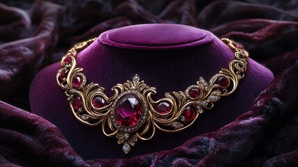 Obraz premium A beautiful ruby necklace with intricate gold details, laid out on a rich purple velvet cloth for a luxurious look.